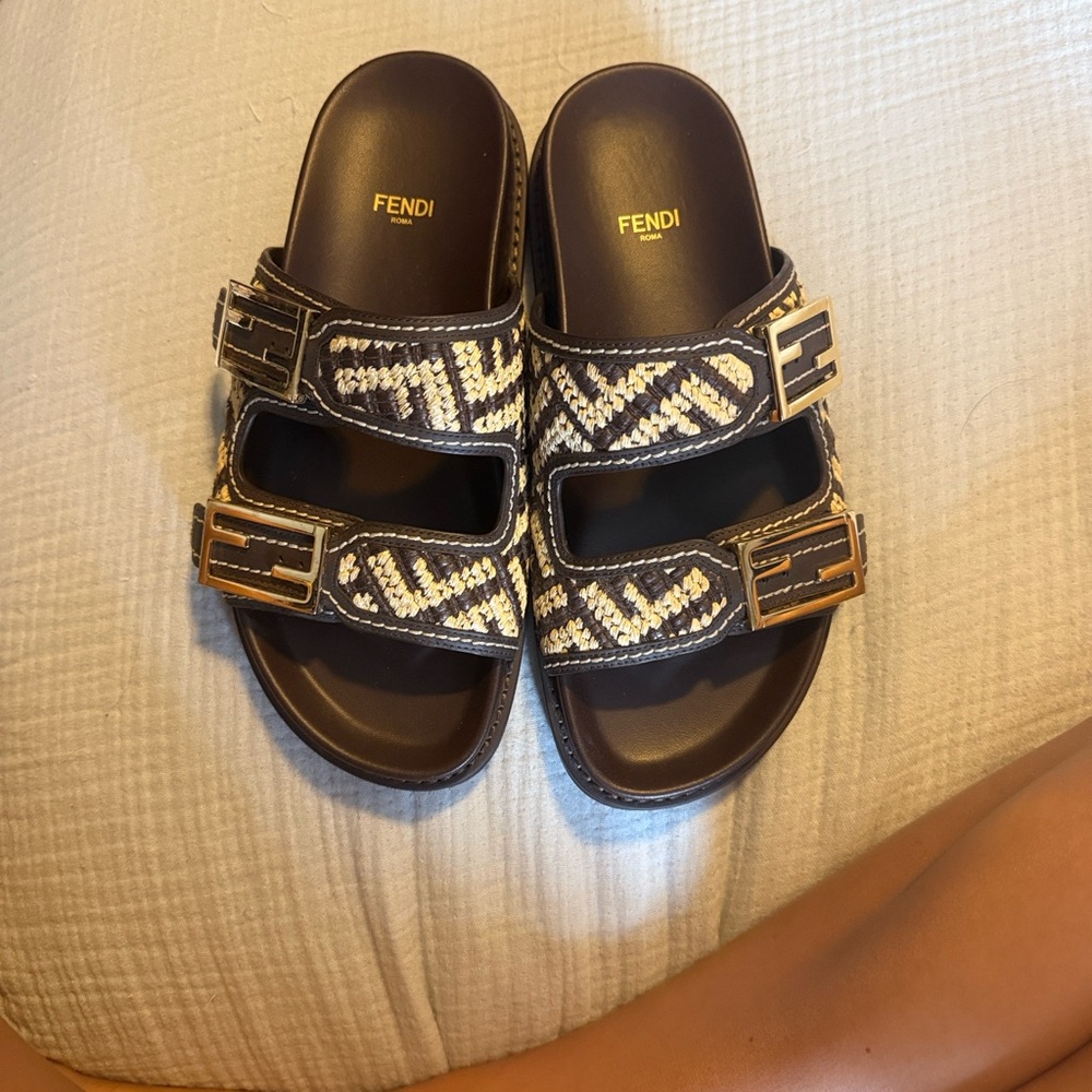 Fendi Brown and White Leather Slides